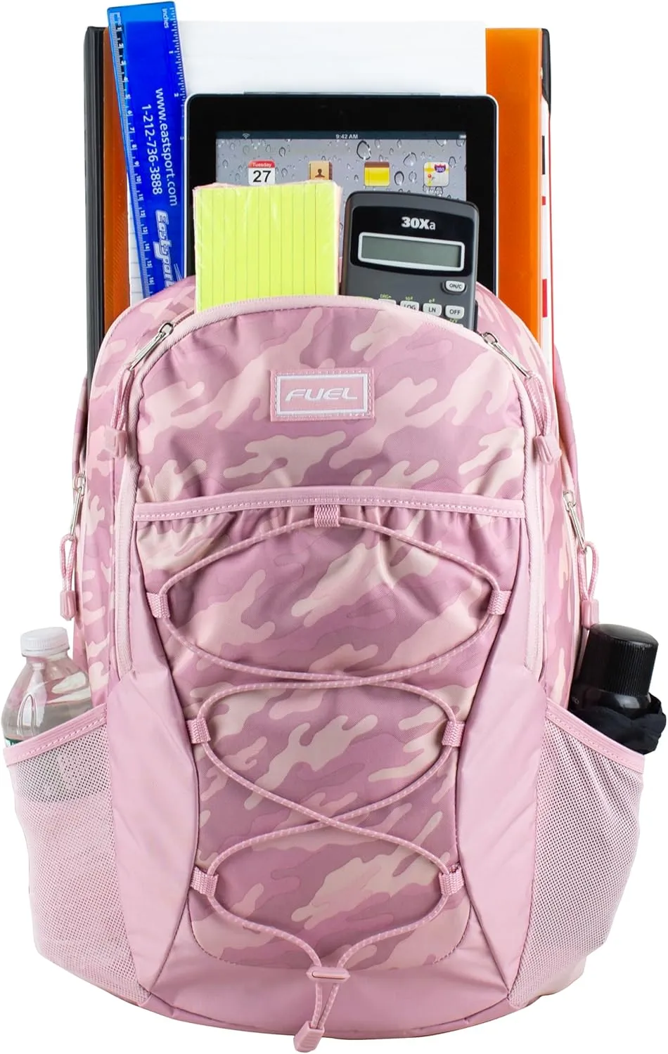 FUEL Sport Backpack w/Multiple Compartments & Bungee Great for Sports, Travel, Leisure, Classroom, Outdoors, Hiking - Pink Camo