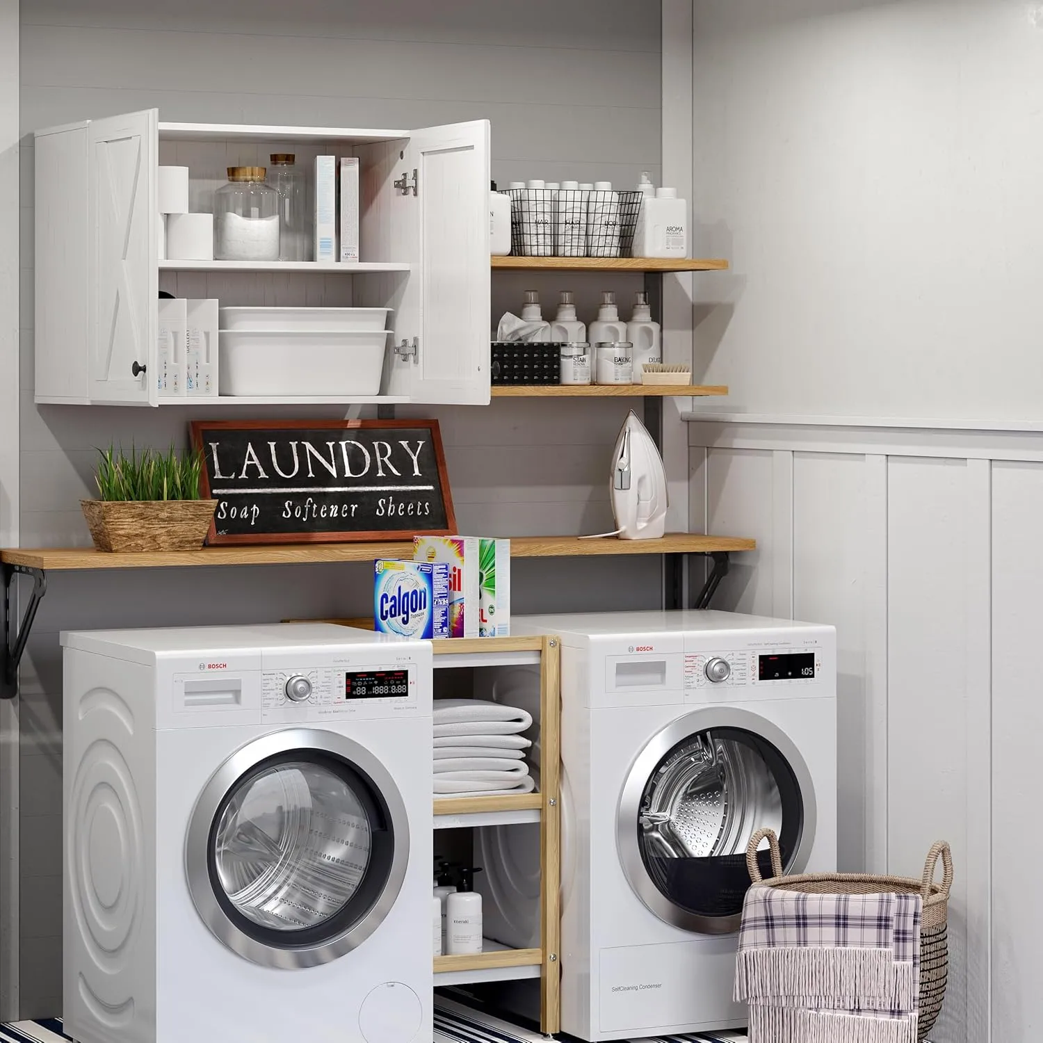 Funraza 24" Wall Storage Cabinets - Farmhouse Bathroom Kitchen and Laundry Wall Mounted Cabinets with 2 Doors and Shelves, in White in Grain