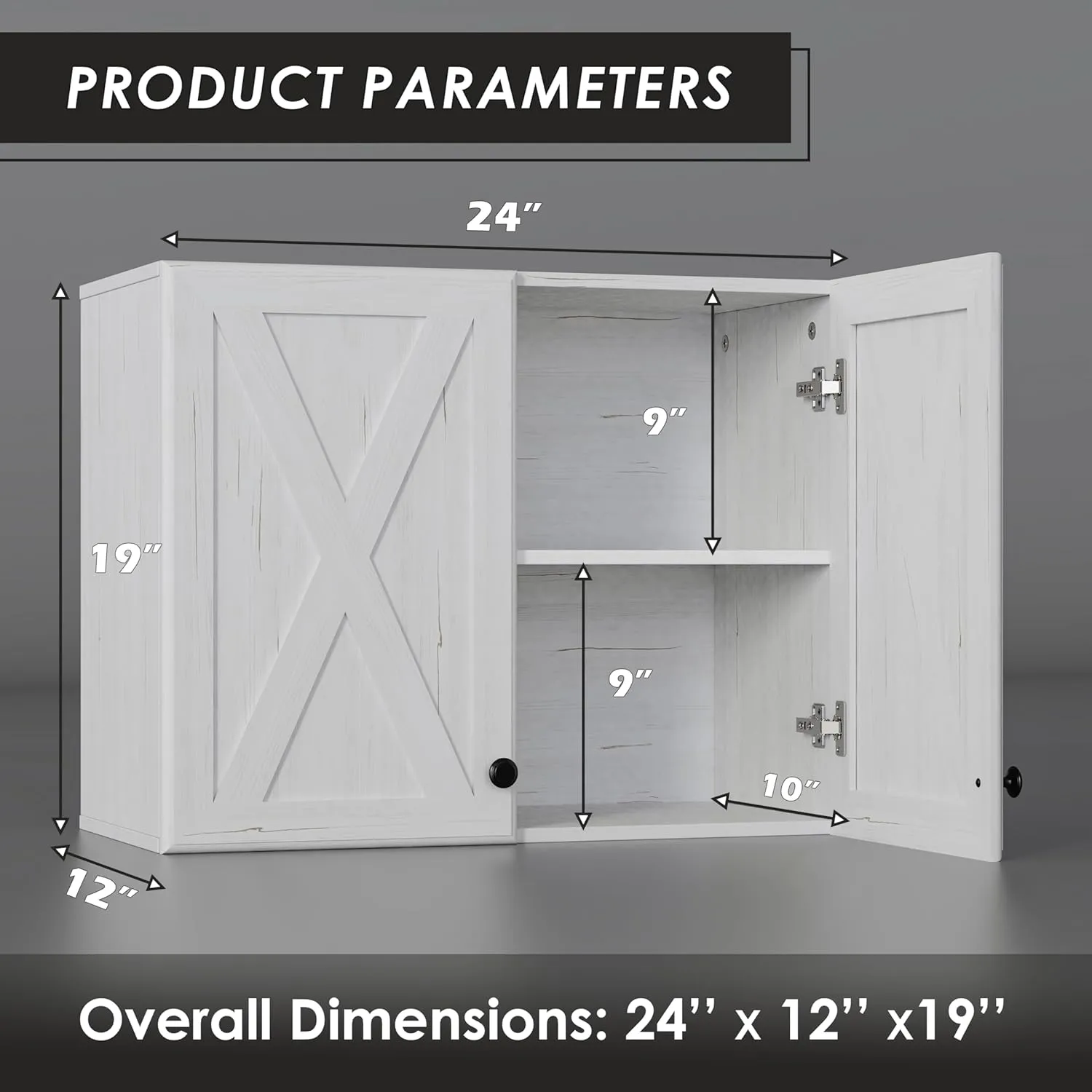 Funraza 24" Wall Storage Cabinets - Farmhouse Bathroom Kitchen and Laundry Wall Mounted Cabinets with 2 Doors and Shelves, in White in Grain