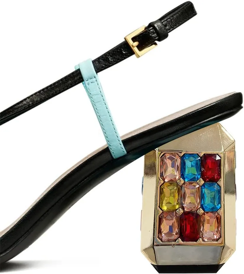 FYS Women Square Split Toe Sandals Gemstone Studded Block Mid Heel Slingbacks Glitter Party Prom Shoes Size 4-15 US