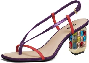FYS Women Square Split Toe Sandals Gemstone Studded Block Mid Heel Slingbacks Glitter Party Prom Shoes Size 4-15 US