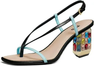 FYS Women Square Split Toe Sandals Gemstone Studded Block Mid Heel Slingbacks Glitter Party Prom Shoes Size 4-15 US
