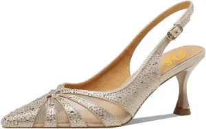 FYS Women's Elegant Pointed Toe Slingback Kitten Heels Glitter Rhinestone Studded Mesh Cutout Pump Buckle Party Prom Work Dress Wedding Shoes Size 4-16 US