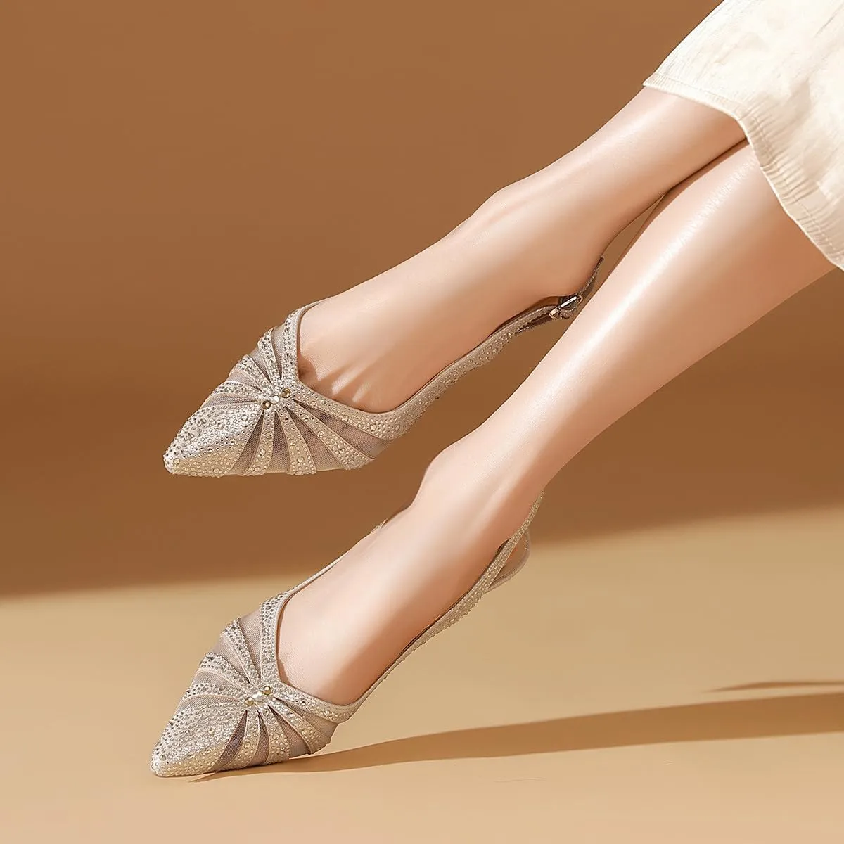 FYS Women's Elegant Pointed Toe Slingback Kitten Heels Glitter Rhinestone Studded Mesh Cutout Pump Buckle Party Prom Work Dress Wedding Shoes Size 4-16 US