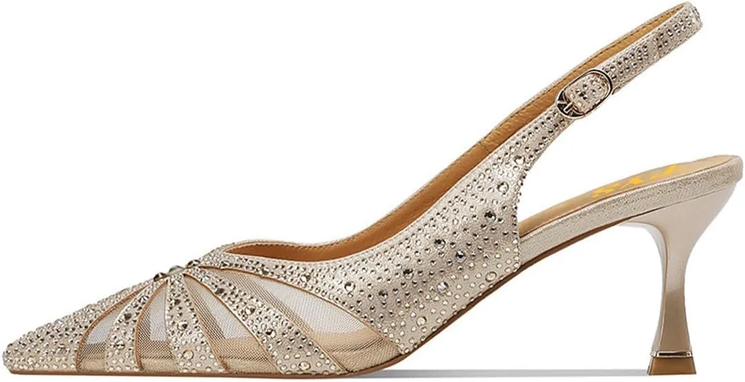 FYS Women's Elegant Pointed Toe Slingback Kitten Heels Glitter Rhinestone Studded Mesh Cutout Pump Buckle Party Prom Work Dress Wedding Shoes Size 4-16 US