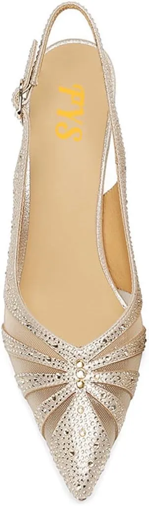 FYS Women's Elegant Pointed Toe Slingback Kitten Heels Glitter Rhinestone Studded Mesh Cutout Pump Buckle Party Prom Work Dress Wedding Shoes Size 4-16 US