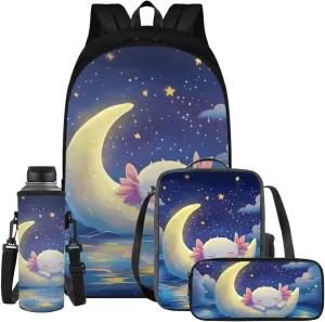 Galaxy Axolotl Backpack for Girls Kids Backpack with Lunch Box Water Bottle Sleeve and Big Pencil Case 4 in 1 17 inch Large Bookbag with Compartments for School Sturdy Elementary School Bag