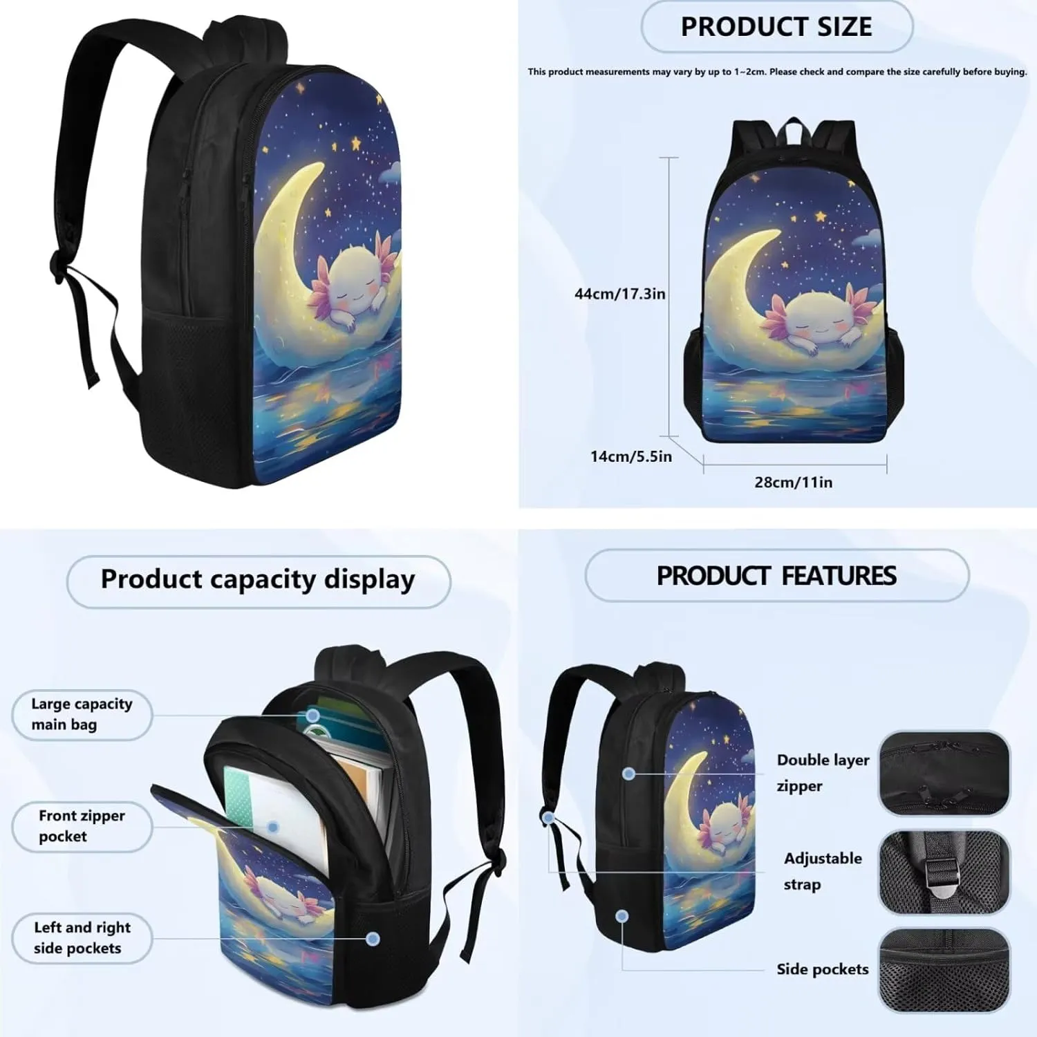 Galaxy Axolotl Backpack for Girls Kids Backpack with Lunch Box Water Bottle Sleeve and Big Pencil Case 4 in 1 17 inch Large Bookbag with Compartments for School Sturdy Elementary School Bag
