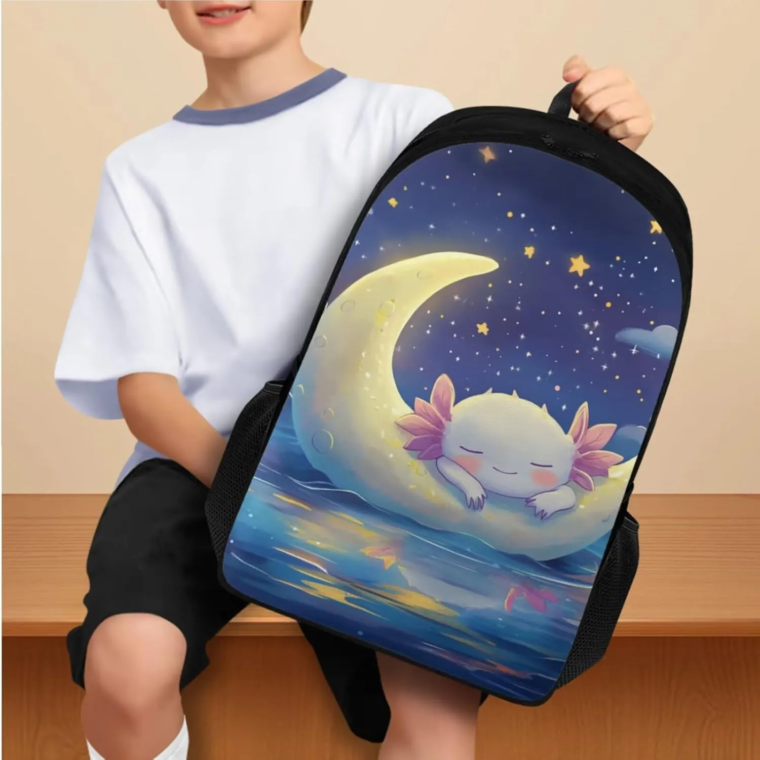 Galaxy Axolotl Backpack for Girls Kids Backpack with Lunch Box Water Bottle Sleeve and Big Pencil Case 4 in 1 17 inch Large Bookbag with Compartments for School Sturdy Elementary School Bag