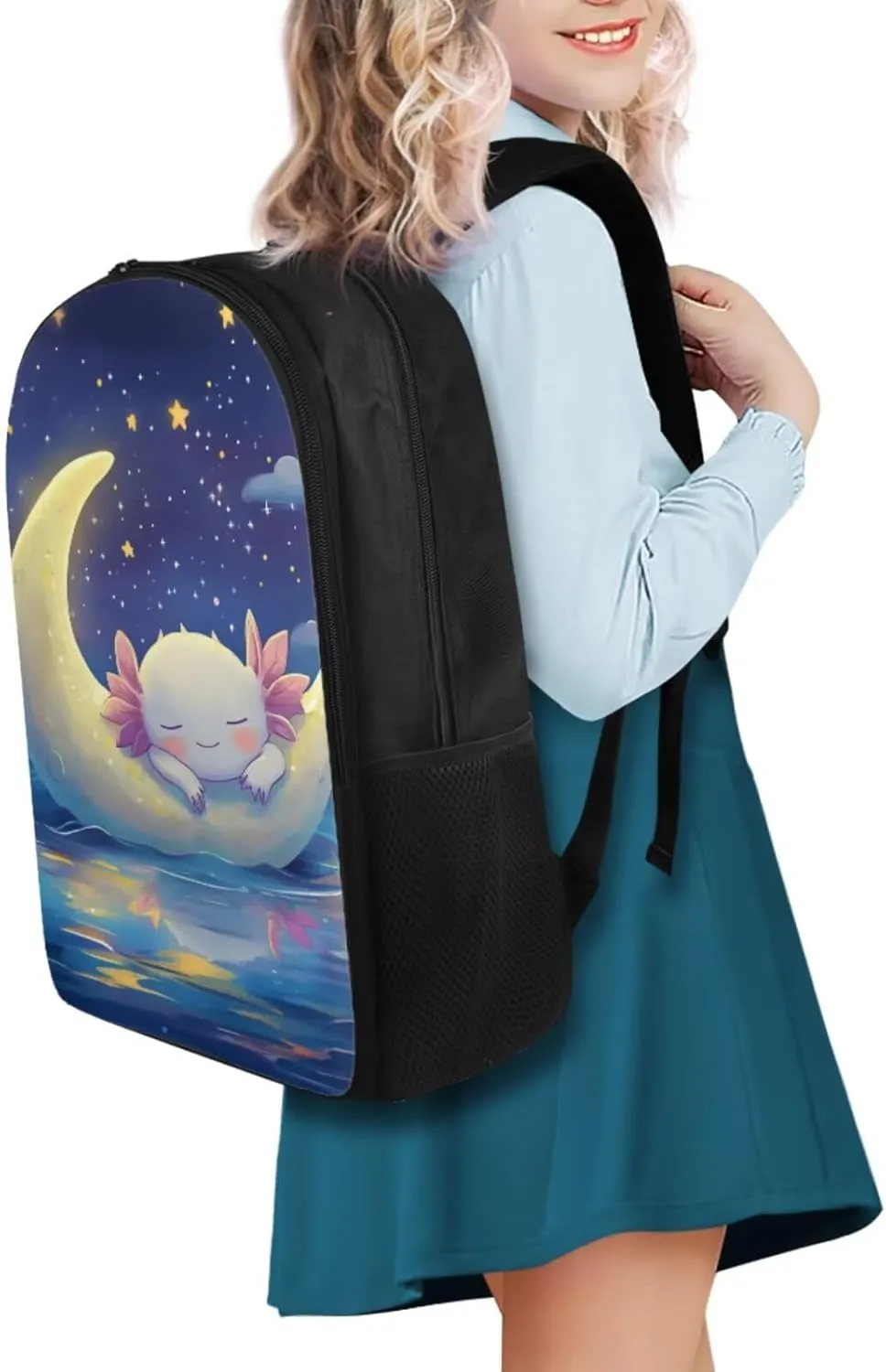 Galaxy Axolotl Backpack for Girls Kids Backpack with Lunch Box Water Bottle Sleeve and Big Pencil Case 4 in 1 17 inch Large Bookbag with Compartments for School Sturdy Elementary School Bag