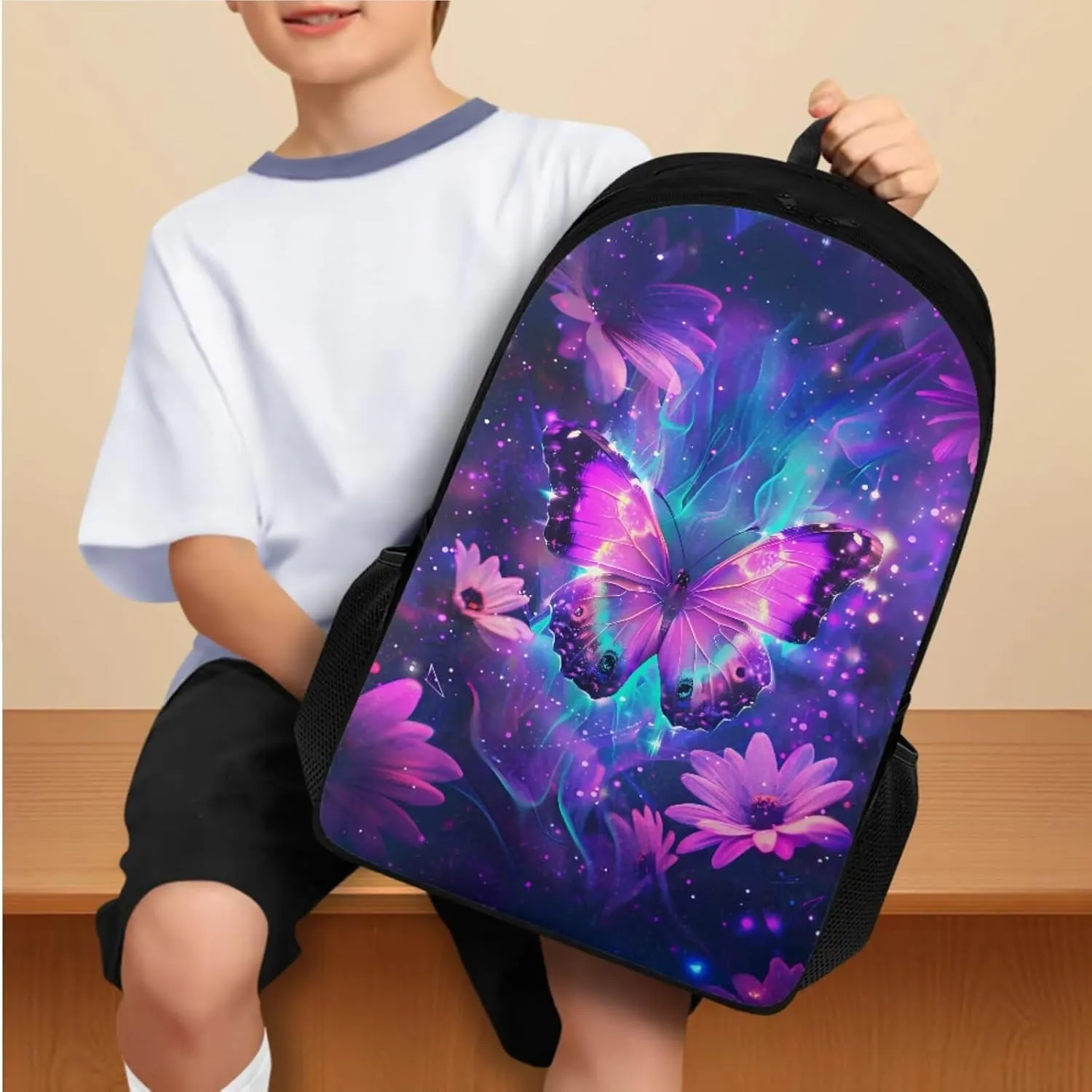 Galaxy Butterfly Backpack for Girls Kids Backpack with Lunch Box Water Bottle Pouch and Soft Pencil Case 4PCS Set Bookbag with Compartments for School Teens 17 inch School Bag with Side Pocket