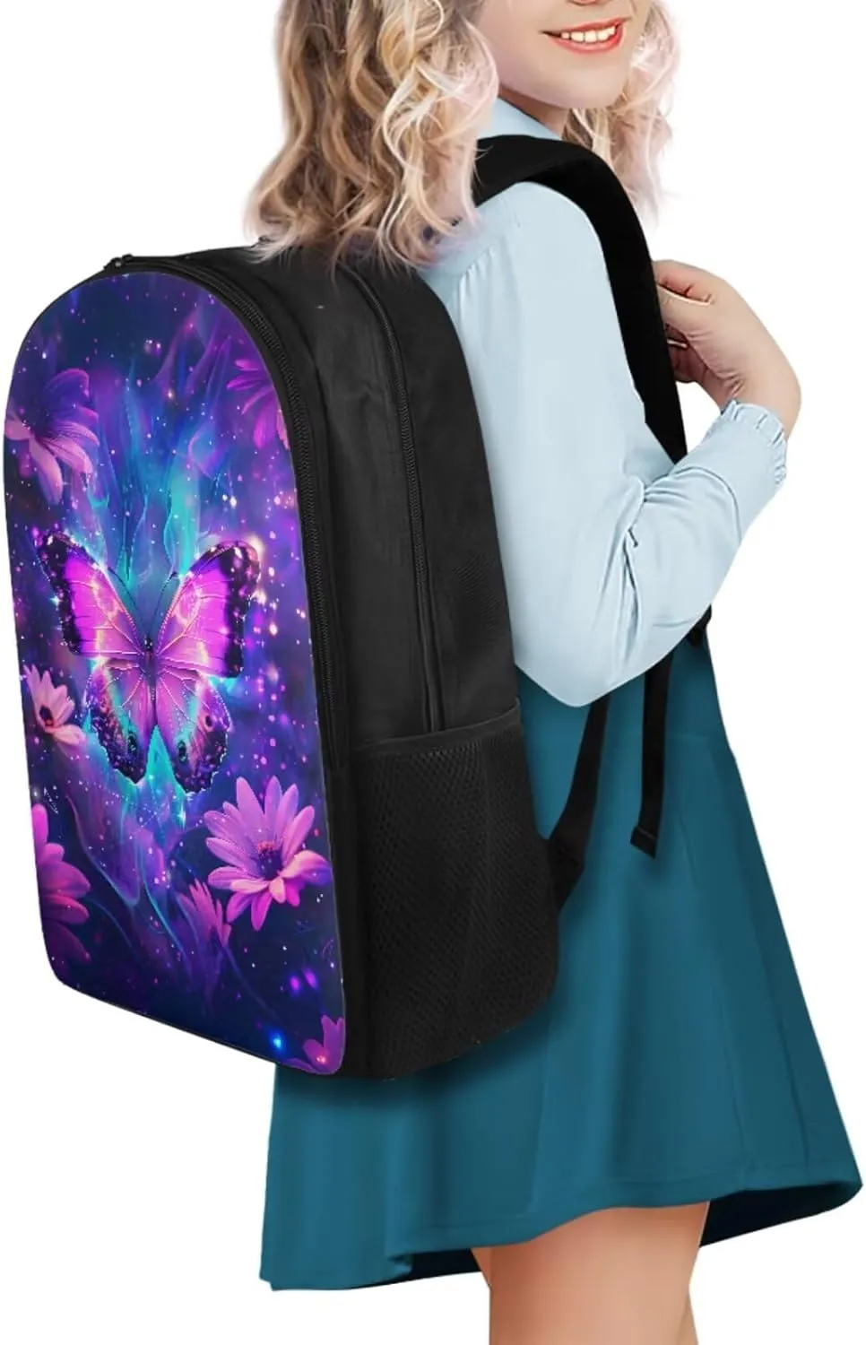 Galaxy Butterfly Backpack for Girls Kids Backpack with Lunch Box Water Bottle Pouch and Soft Pencil Case 4PCS Set Bookbag with Compartments for School Teens 17 inch School Bag with Side Pocket