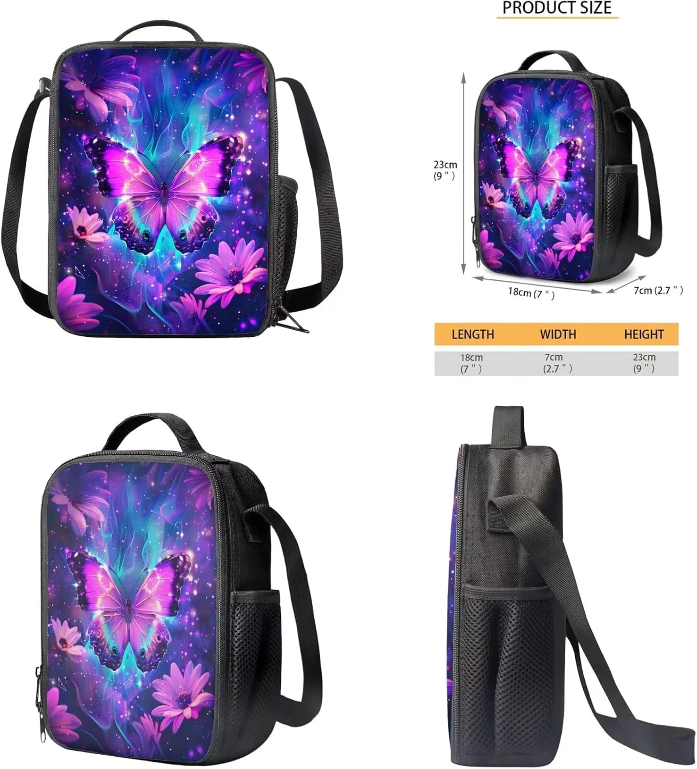 Galaxy Butterfly Backpack for Girls Kids Backpack with Lunch Box Water Bottle Pouch and Soft Pencil Case 4PCS Set Bookbag with Compartments for School Teens 17 inch School Bag with Side Pocket