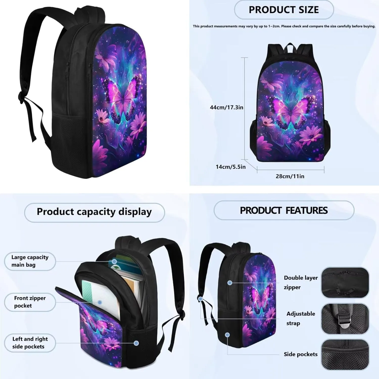 Galaxy Butterfly Backpack for Girls Kids Backpack with Lunch Box Water Bottle Pouch and Soft Pencil Case 4PCS Set Bookbag with Compartments for School Teens 17 inch School Bag with Side Pocket