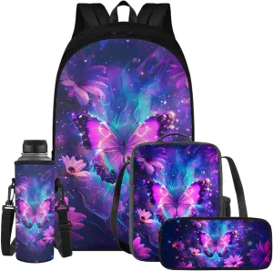 Galaxy Butterfly Backpack for Girls Kids Backpack with Lunch Box Water Bottle Pouch and Soft Pencil Case 4PCS Set Bookbag with Compartments for School Teens 17 inch School Bag with Side Pocket