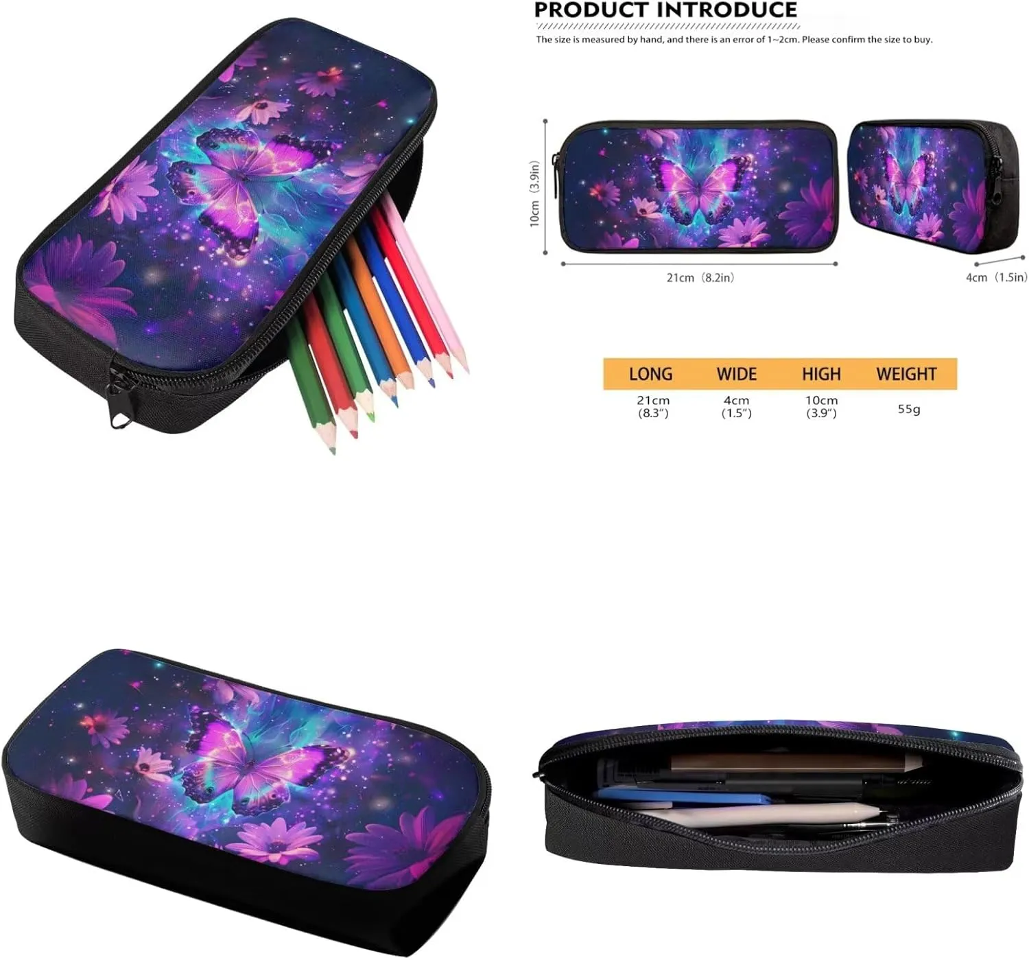 Galaxy Butterfly Backpack for Girls Kids Backpack with Lunch Box Water Bottle Pouch and Soft Pencil Case 4PCS Set Bookbag with Compartments for School Teens 17 inch School Bag with Side Pocket