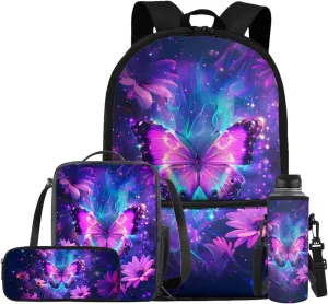 Galaxy Butterfly Backpack for Girls Kids Backpack with Lunch Box Water Bottle Pouch and Soft Pencil Case 4PCS Set Bookbag with Front Pocket for School Teens 17 inch School Bag with Side Pocket