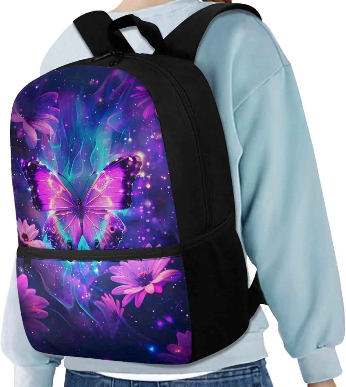 Galaxy Butterfly Backpack for Girls Kids Backpack with Lunch Box Water Bottle Pouch and Soft Pencil Case 4PCS Set Bookbag with Front Pocket for School Teens 17 inch School Bag with Side Pocket