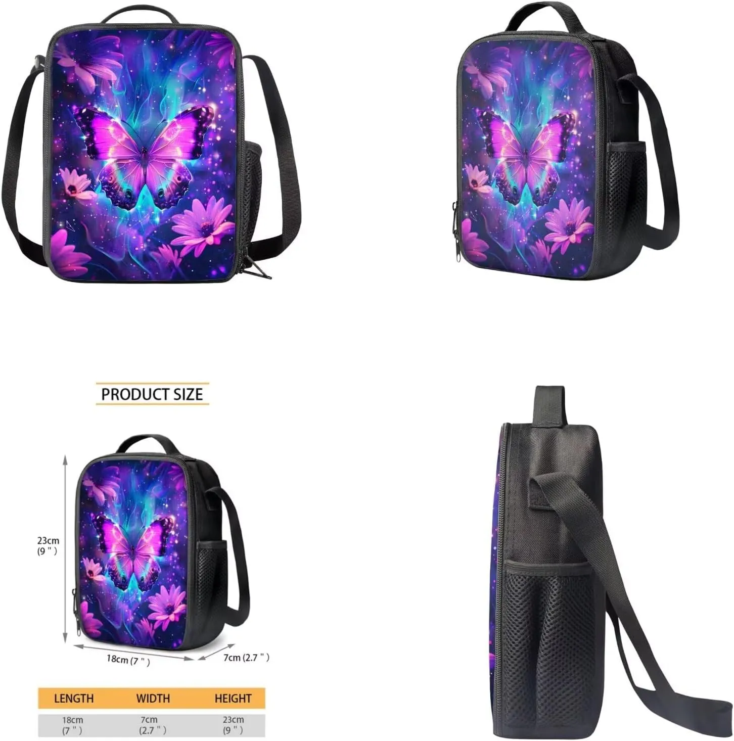 Galaxy Butterfly Backpack for Girls Kids Backpack with Lunch Box Water Bottle Pouch and Soft Pencil Case 4PCS Set Bookbag with Front Pocket for School Teens 17 inch School Bag with Side Pocket