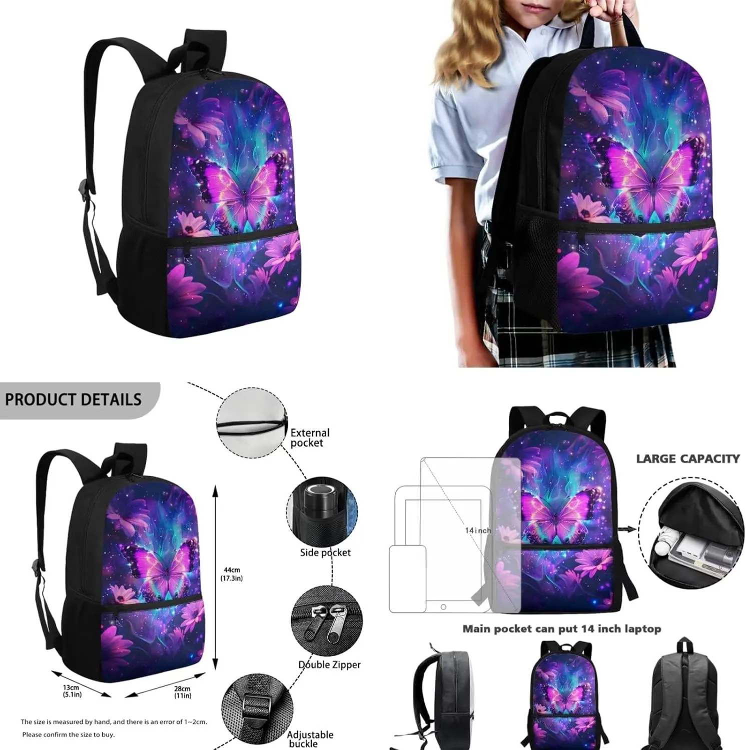 Galaxy Butterfly Backpack for Girls Kids Backpack with Lunch Box Water Bottle Pouch and Soft Pencil Case 4PCS Set Bookbag with Front Pocket for School Teens 17 inch School Bag with Side Pocket