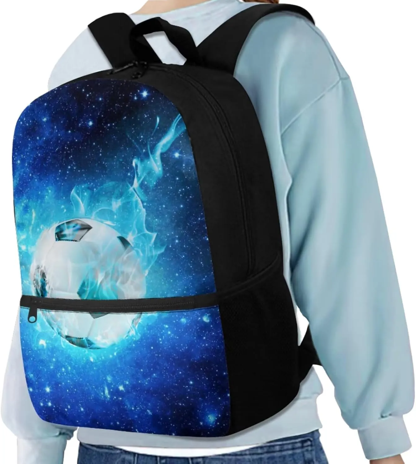 Galaxy Soccer Backpack for Boys Girls Backpack with Lunch Box Water Bottle Holder with Strap and Big Pencil Case 4PCS Set Bookbag with Front Pocket for School 17 inch Large Capacity School Bag