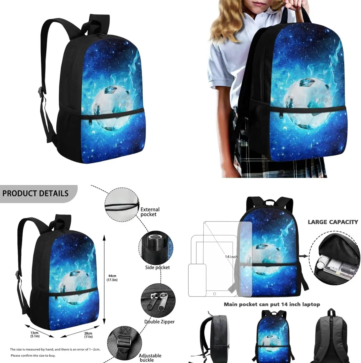 Galaxy Soccer Backpack for Boys Girls Backpack with Lunch Box Water Bottle Holder with Strap and Big Pencil Case 4PCS Set Bookbag with Front Pocket for School 17 inch Large Capacity School Bag
