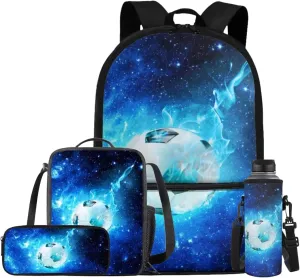 Galaxy Soccer Backpack for Boys Girls Backpack with Lunch Box Water Bottle Holder with Strap and Big Pencil Case 4PCS Set Bookbag with Front Pocket for School 17 inch Large Capacity School Bag
