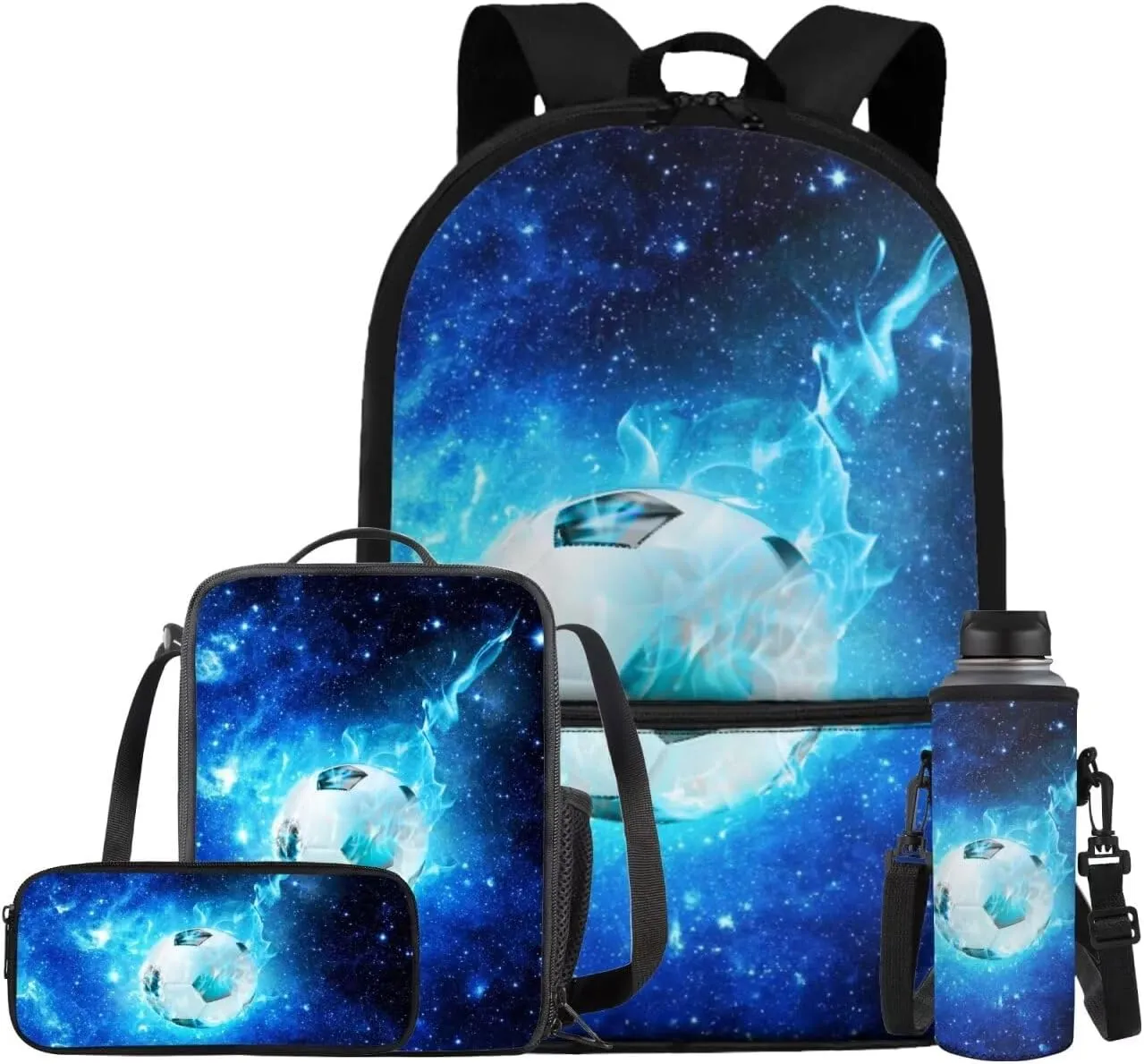 Galaxy Soccer Backpack for Boys Girls Backpack with Lunch Box Water Bottle Holder with Strap and Big Pencil Case 4PCS Set Bookbag with Front Pocket for School 17 inch Large Capacity School Bag