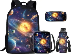 Galaxy Space Backpack for Boys Girls Backpack with Lunch Box Water Bottle Carrier Bag and Large Pencil Bag 4Pcs Set 17 inch Bookbag with Side Pockets Lightweight School Bag for Kids Elementary