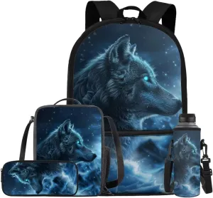 Galaxy Wolf Backpack for Girls Boys Backpack with Lunch Box Water Bottle Pouch and Big Pencil Pouch 4PCS Set Sturdy Bookbag with Front Pocket for School 17 inch Lightweight School Bag for Kids