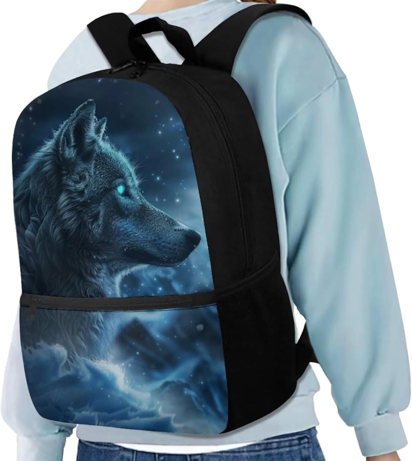 Galaxy Wolf Backpack for Girls Boys Backpack with Lunch Box Water Bottle Pouch and Big Pencil Pouch 4PCS Set Sturdy Bookbag with Front Pocket for School 17 inch Lightweight School Bag for Kids