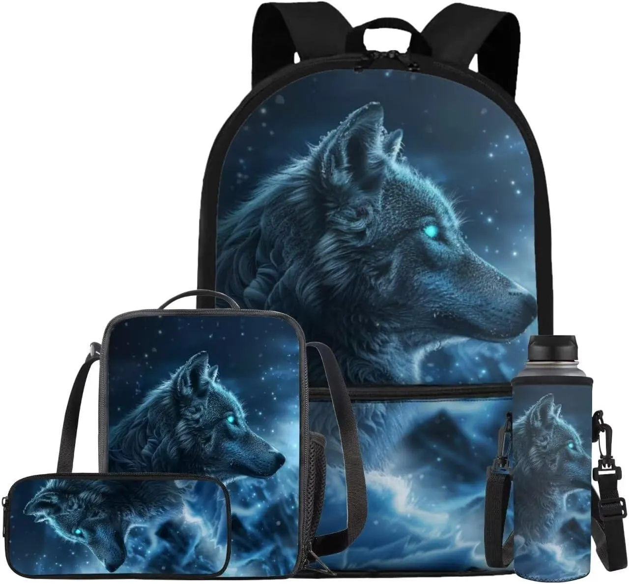 Galaxy Wolf Backpack for Girls Boys Backpack with Lunch Box Water Bottle Pouch and Big Pencil Pouch 4PCS Set Sturdy Bookbag with Front Pocket for School 17 inch Lightweight School Bag for Kids