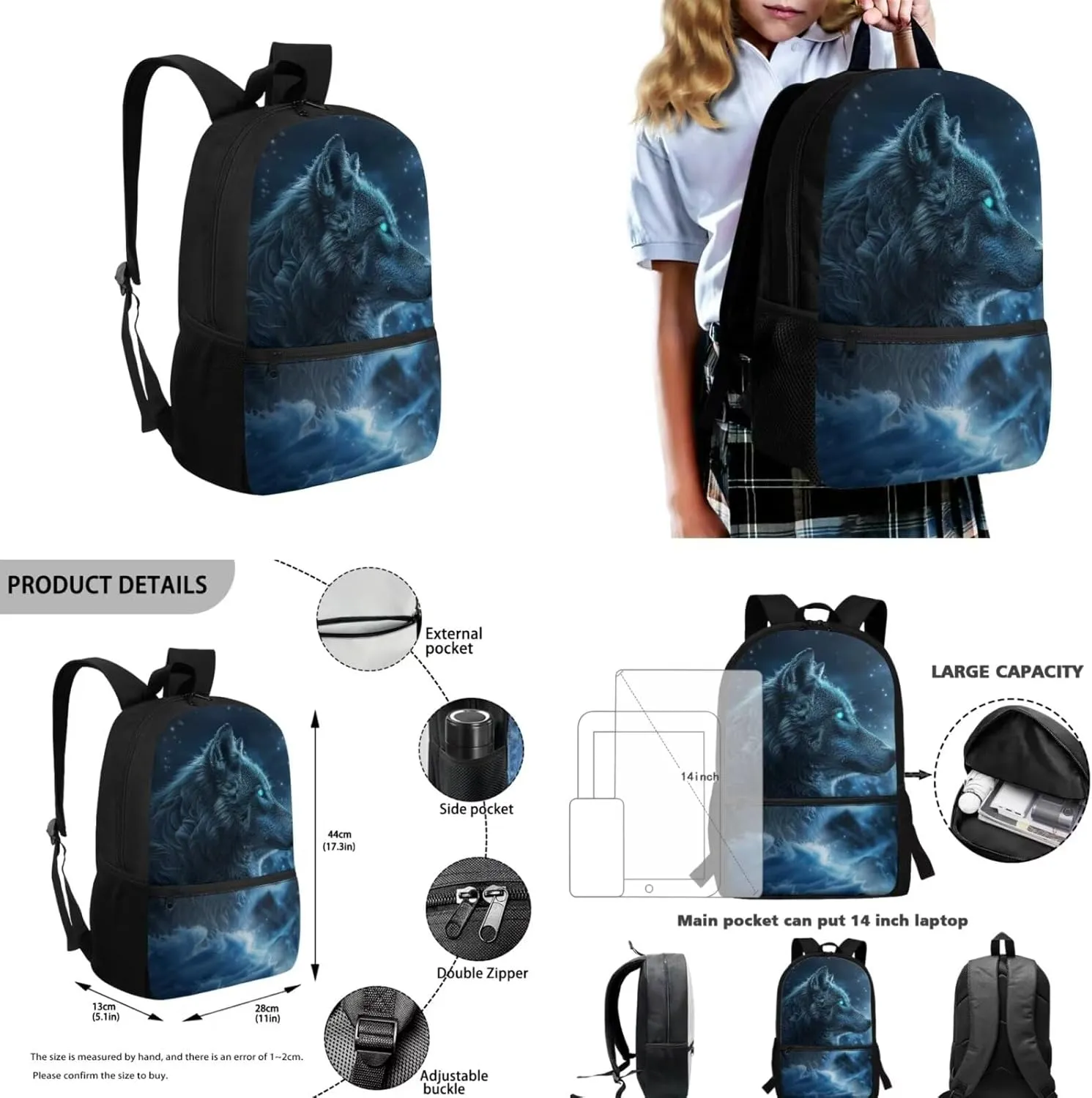 Galaxy Wolf Backpack for Girls Boys Backpack with Lunch Box Water Bottle Pouch and Big Pencil Pouch 4PCS Set Sturdy Bookbag with Front Pocket for School 17 inch Lightweight School Bag for Kids