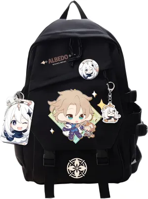Genshin Impact Backpack Albedo Backpack Cute 3D Printed Daypack Laptop 17" Large Capacity Travel Black BackPack With Gift