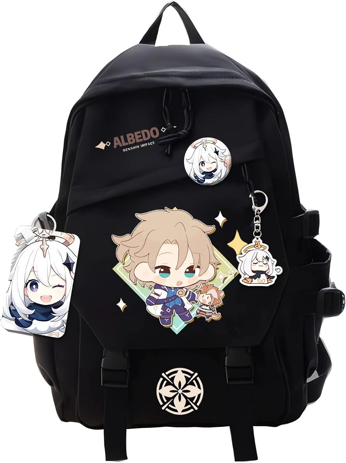 Genshin Impact Backpack Albedo Backpack Cute 3D Printed Daypack Laptop 17" Large Capacity Travel Black BackPack With Gift