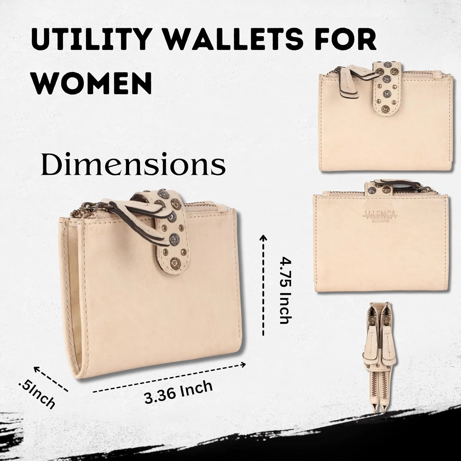 Genuine Italian Leather Boho Studded Bifold Wallet – Zipper Coin Purse & Credit Card Holder for Women (Beige)