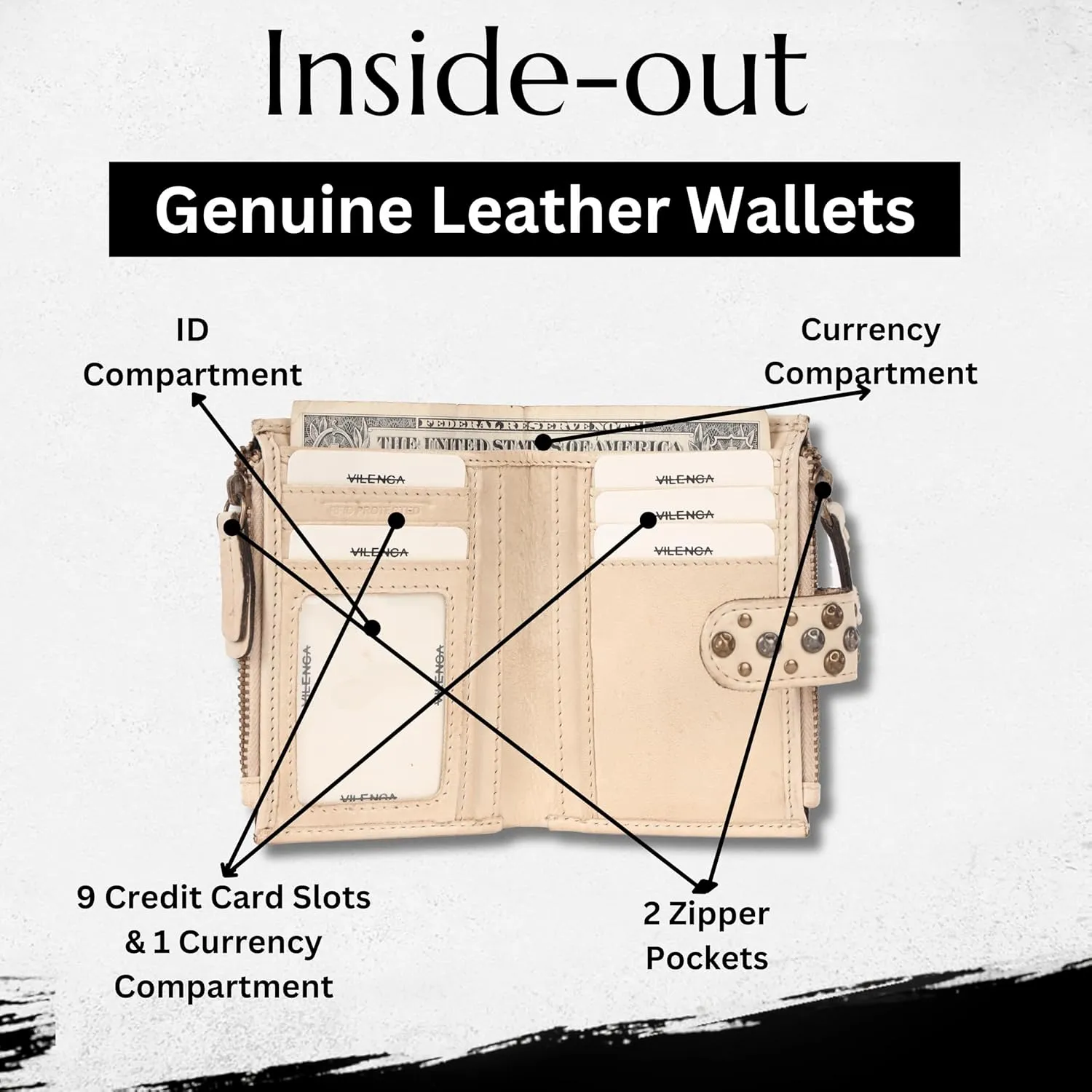 Genuine Italian Leather Boho Studded Bifold Wallet – Zipper Coin Purse & Credit Card Holder for Women (Beige)