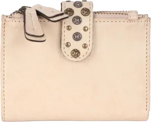 Genuine Italian Leather Boho Studded Bifold Wallet – Zipper Coin Purse & Credit Card Holder for Women (Beige)