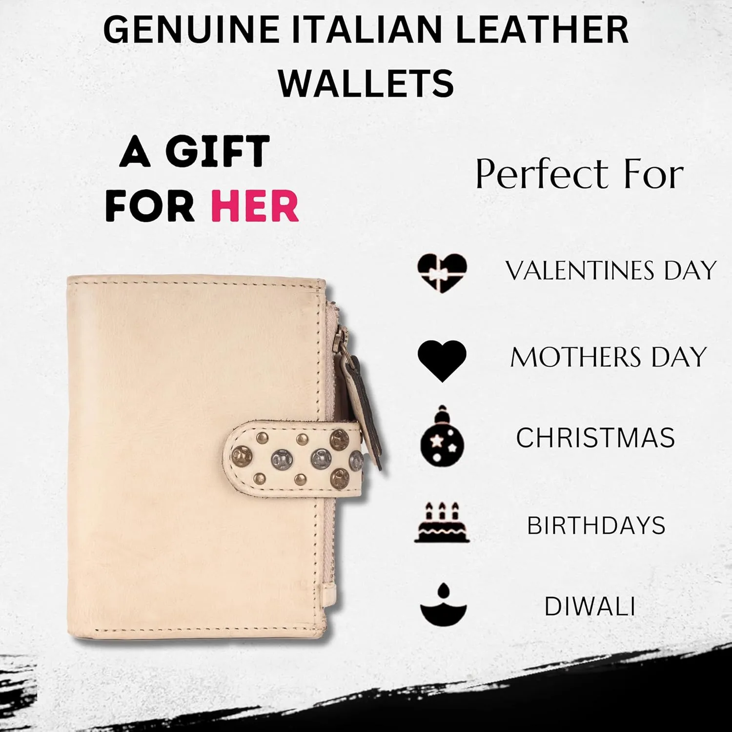 Genuine Italian Leather Boho Studded Bifold Wallet – Zipper Coin Purse & Credit Card Holder for Women (Beige)