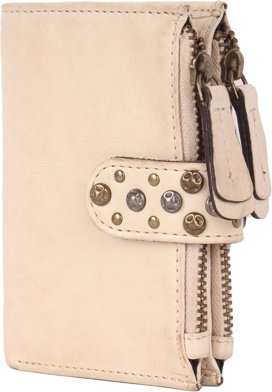Genuine Italian Leather Boho Studded Bifold Wallet – Zipper Coin Purse & Credit Card Holder for Women (Beige)