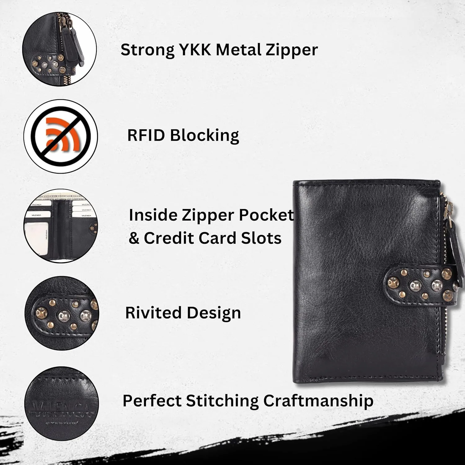 Genuine Italian Leather Boho Studded Bifold Wallet – Zipper Coin Purse & Credit Card Holder for Women (Black)