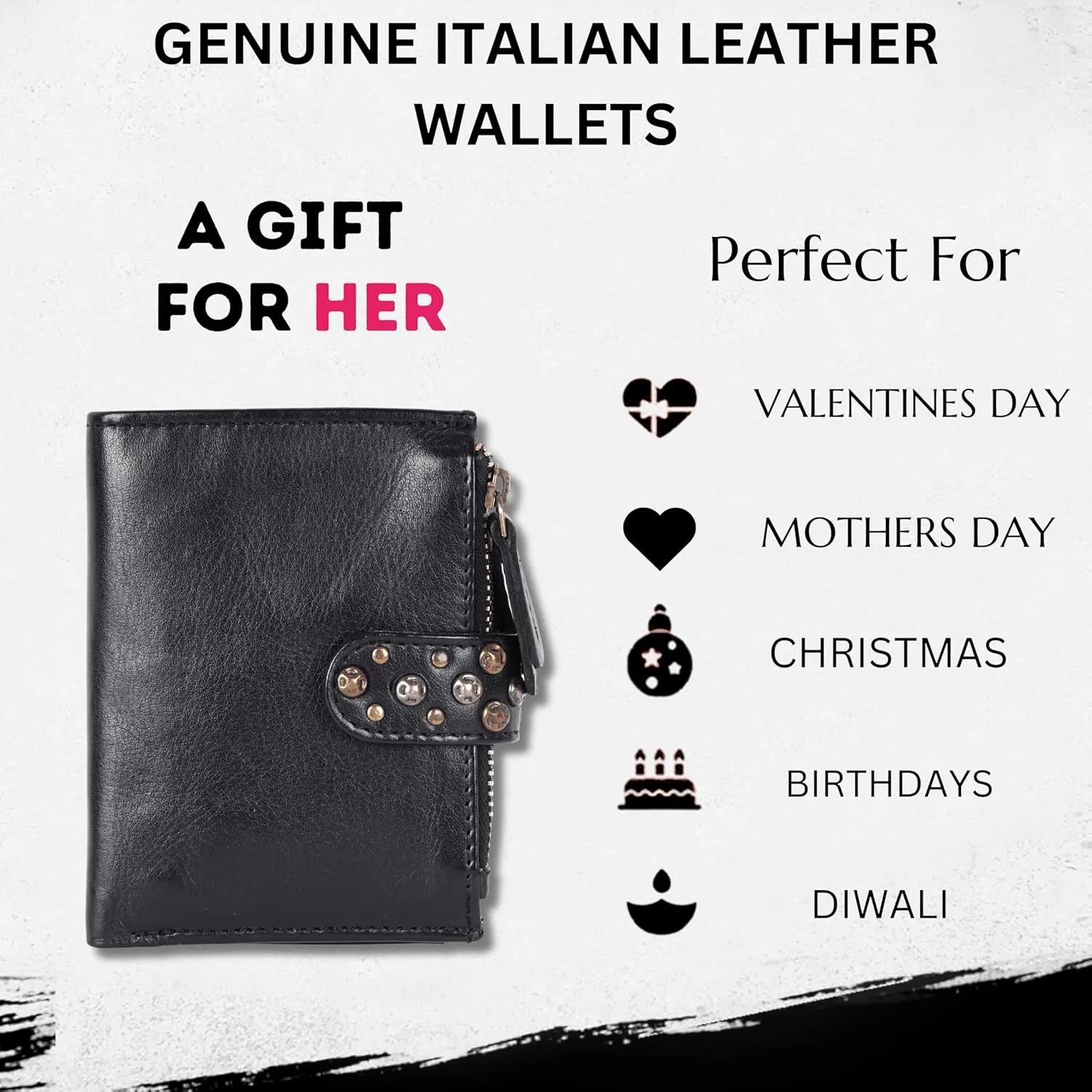 Genuine Italian Leather Boho Studded Bifold Wallet – Zipper Coin Purse & Credit Card Holder for Women (Black)