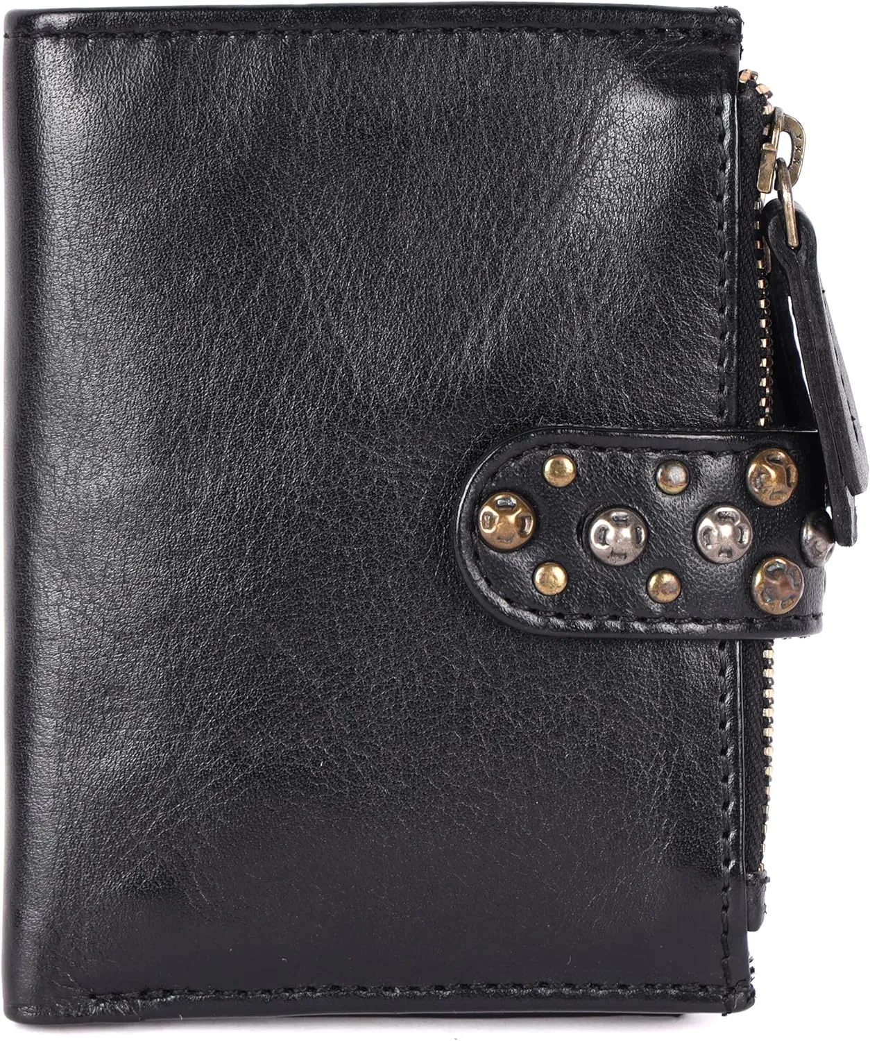 Genuine Italian Leather Boho Studded Bifold Wallet – Zipper Coin Purse & Credit Card Holder for Women (Black)