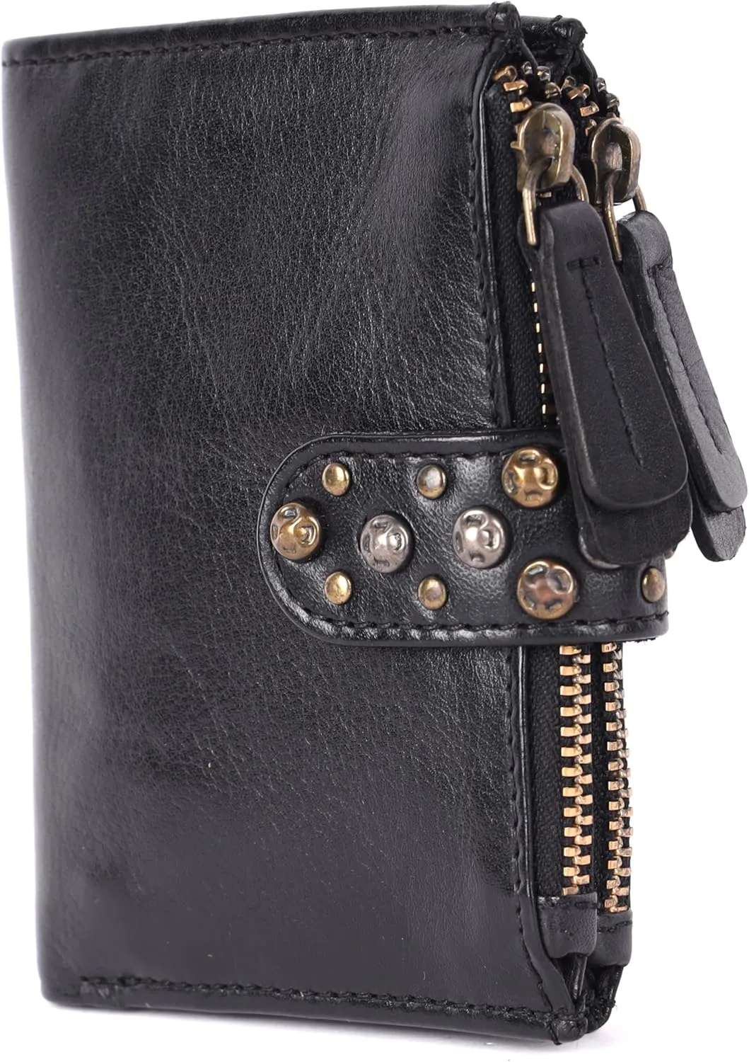 Genuine Italian Leather Boho Studded Bifold Wallet – Zipper Coin Purse & Credit Card Holder for Women (Black)