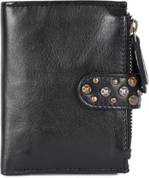 Genuine Italian Leather Boho Studded Bifold Wallet – Zipper Coin Purse & Credit Card Holder for Women (Black)
