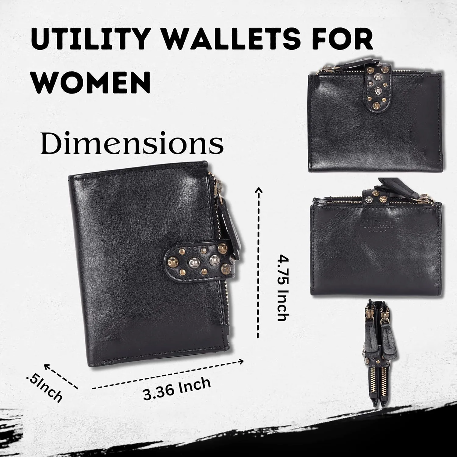Genuine Italian Leather Boho Studded Bifold Wallet – Zipper Coin Purse & Credit Card Holder for Women (Black)