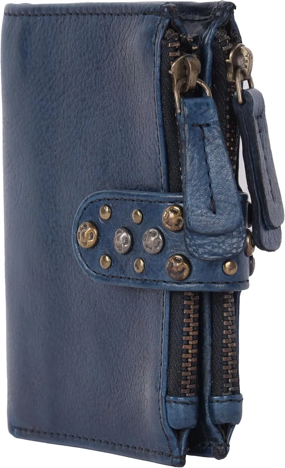Genuine Italian Leather Boho Studded Bifold Wallet – Zipper Coin Purse & Credit Card Holder for Women (Navy)