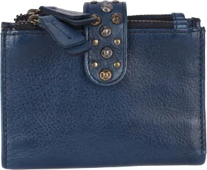 Genuine Italian Leather Boho Studded Bifold Wallet – Zipper Coin Purse & Credit Card Holder for Women (Navy)