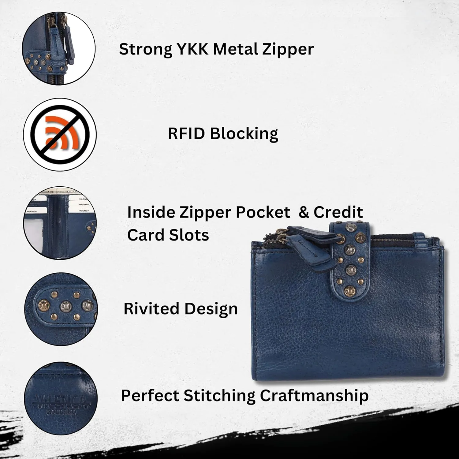 Genuine Italian Leather Boho Studded Bifold Wallet – Zipper Coin Purse & Credit Card Holder for Women (Navy)