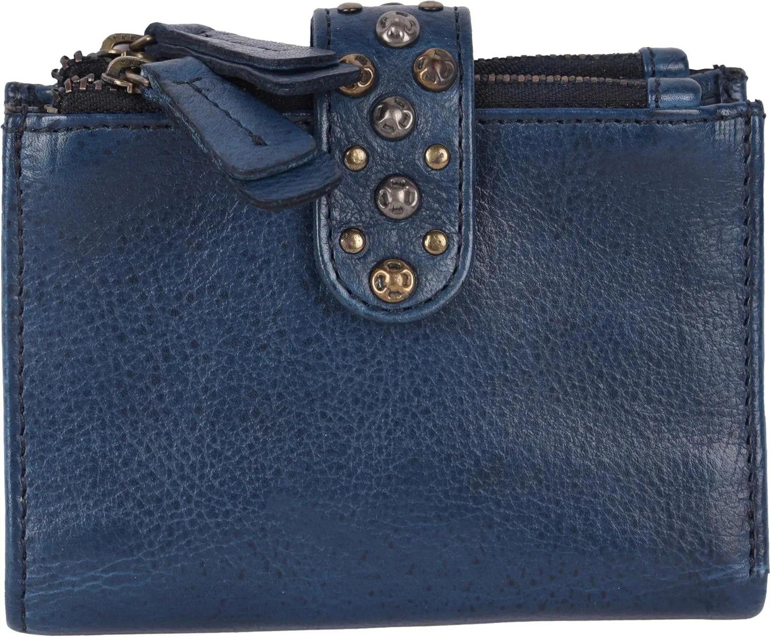 Genuine Italian Leather Boho Studded Bifold Wallet – Zipper Coin Purse & Credit Card Holder for Women (Navy)